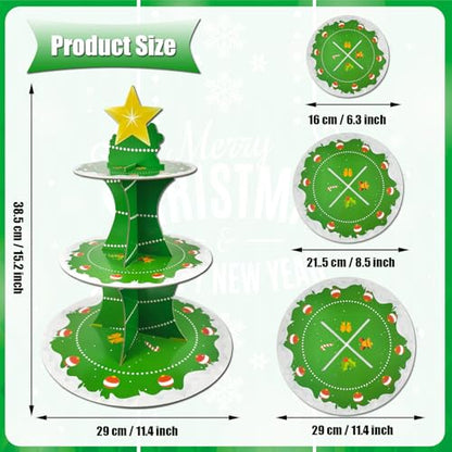 Christmas Dessert Cupcake Stand 3-Tier Green Cardboard Holder for Xmas Parties