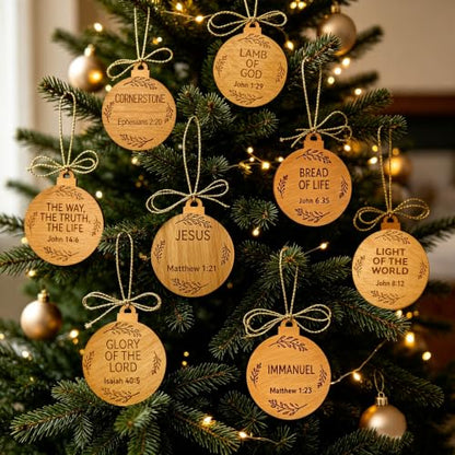 25PCS Wooden Names of Jesus Christmas Ornaments - Rustic Religious Holiday Decorations