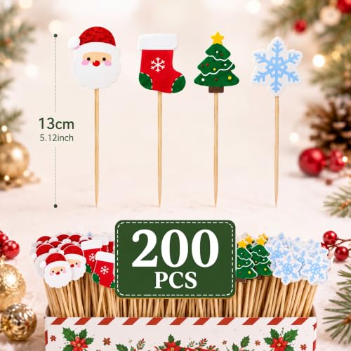 Christmas Santa Cocktail Picks Set - 200 Bamboo Toothpicks with Santa Design