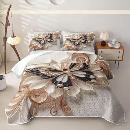 Queen Size Butterfly Print Quilt Set - White Black, 90x90 Inches