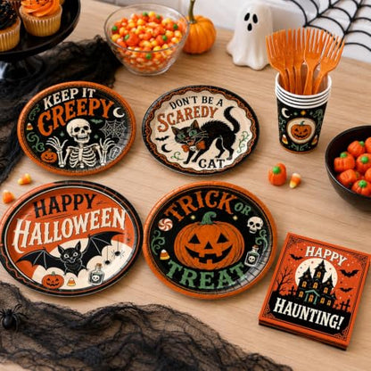 Halloween Party Supplies Set with Plates Cups Napkins Cutlery for Spooky Celebration