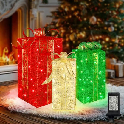 Christmas Lighted Gift Boxes Set of 3 - Warm Red Green Outdoor Decor with 16 Modes