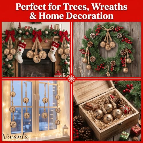 Gold Sleigh Bells for Christmas Decorations - 5 Pcs Brass Finish Rustic Ornaments with Jute Rope