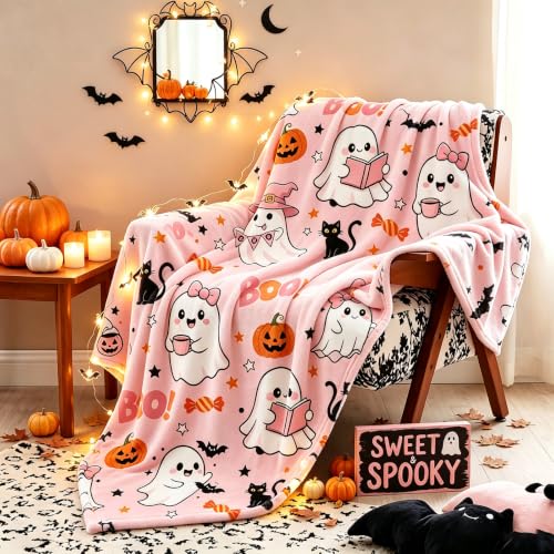 Pink Ghost Halloween Throw Blanket with Pumpkin & Black Cat Design - 50x60 Inches - Cozy Microfiber Decor