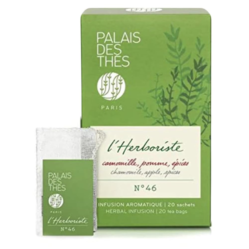 Palais des Thés - Organic L'Herboriste N°46 - Premium Gourmet Herbal Tea with Chamomile, Apple, and Spices - 20 Count Biodegradable Cotton Tea Bags Box