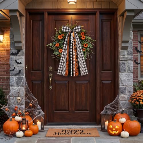 Halloween Ribbon Bow Set for Wreaths and Decor - Orange Black Dot Spider Web Fabric, Halloween Style2