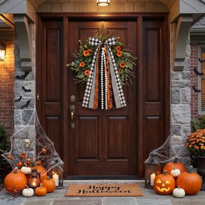 Halloween Ribbon Bow Set for Wreaths and Decor - Orange Black Dot Spider Web Fabric, Halloween Style2