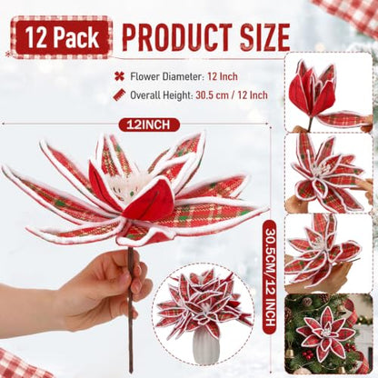 Red Plaid 12 Pcs 12'' Christmas Poinsettia Artificial Flowers - Flocked