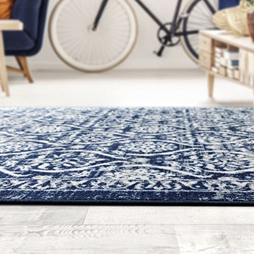 Antep Rugs Alfombras Non-Skid (Non-Slip) 5x7 Rubber Backing Floral Geometric Low Profile Pile Indoor Area Rugs (Navy Blue, 5' x 7')