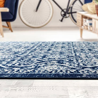 Antep Rugs Alfombras Non-Skid (Non-Slip) 5x7 Rubber Backing Floral Geometric Low Profile Pile Indoor Area Rugs (Navy Blue, 5' x 7')