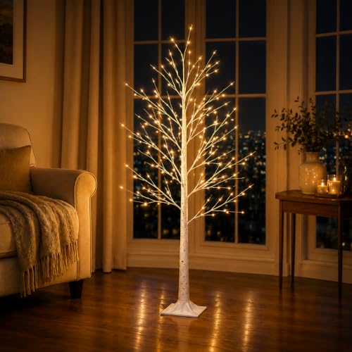 4ft Birch Tree with Lights - 64 LEDs, USB, 8 Lighting Modes, IP44