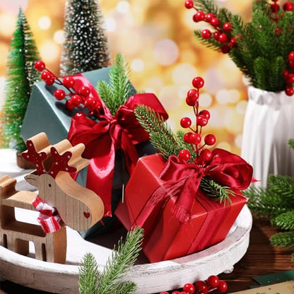 Christmas Pine Branch Picks with Red Berries - Needle Style - 200 Pieces