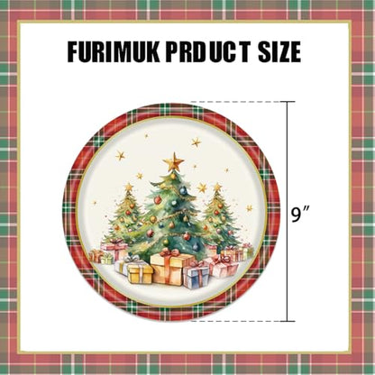 Christmas Paper Plates Set - 25 Disposable Holiday Tableware with Plaid Tree Print