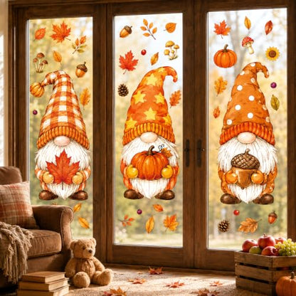 Large Fall Gnome Window Clings Halloween Thanksgiving Decor Set