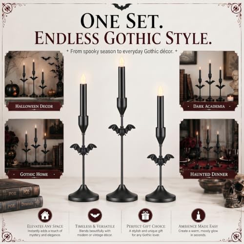 Halloween Bat Candle Holders Set - Black Taper Candle Holders with 3 Sizes - Bat Variation