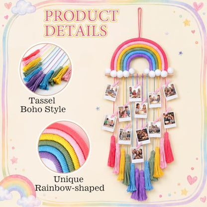 Rainbow Macrame Photo Display with LED String Lights - Boho Wall Decor