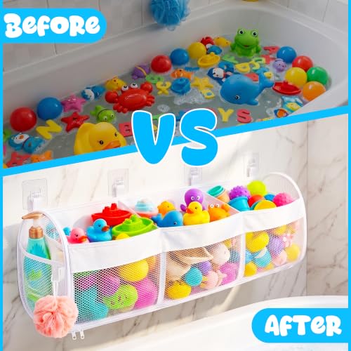 Large Bath Toy Storage Organizer with 3 Compartments and Zipper Access