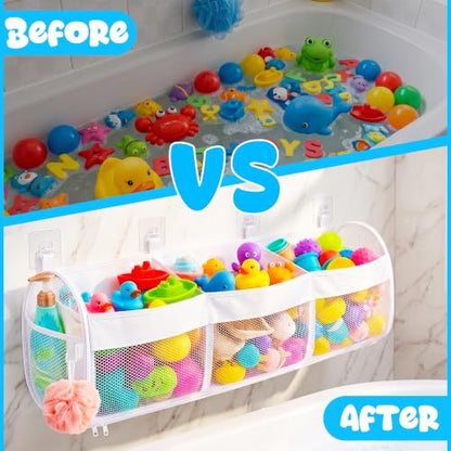 Large Bath Toy Storage Organizer with 3 Compartments and Zipper Access