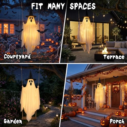 Halloween Outdoor Swinging Ghost Decor - 5.1FT Spooky Hanging Ghost with Lights
