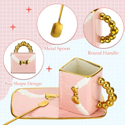 Stylish Purse Tea Cup Set of 4 with Saucer & Spoon - Handbag Coffee Mug