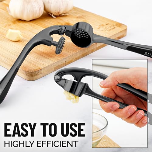 Zulay Kitchen Premium Garlic Press Set - Rust Proof & Dishwasher Safe Professional Garlic Mincer Tool - Easy-Squeeze, Easy-Clean with Soft, Ergonomic Handle - Silicone Garlic Peeler & Brush-Dark Gray