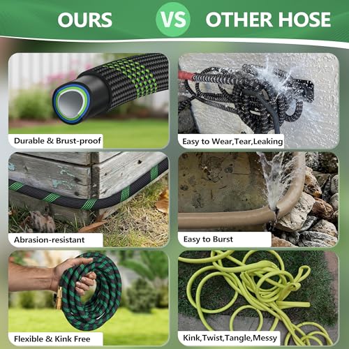 Black Green 100ft Garden Hose with 3/4 Inch Brass Fittings, Lightweight, Kink-Resistant & Leak-Free