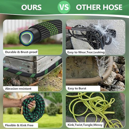 Black Green 100ft Garden Hose with 3/4 Inch Brass Fittings, Lightweight, Kink-Resistant & Leak-Free