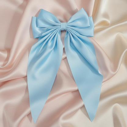 Skiennix Jumbo Silky Satin Bow Clip Hair Barrettes - Light Blue Large French Metal Bowknot for Girls