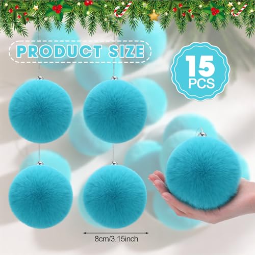 Turquoise Christmas Furry Ball Ornaments Set of 15 - 3.5 Inch Tree Decor