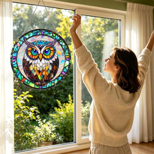 Wise Owl Pattern Sun Catcher - 7.87 Inch Acrylic Window Decor with Chain - Indoor & Garden Wall Art