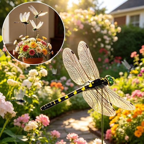 12 Pack Realistic 3D Dragonfly Garden Clips - Decorative Yard & Outdoor Decor