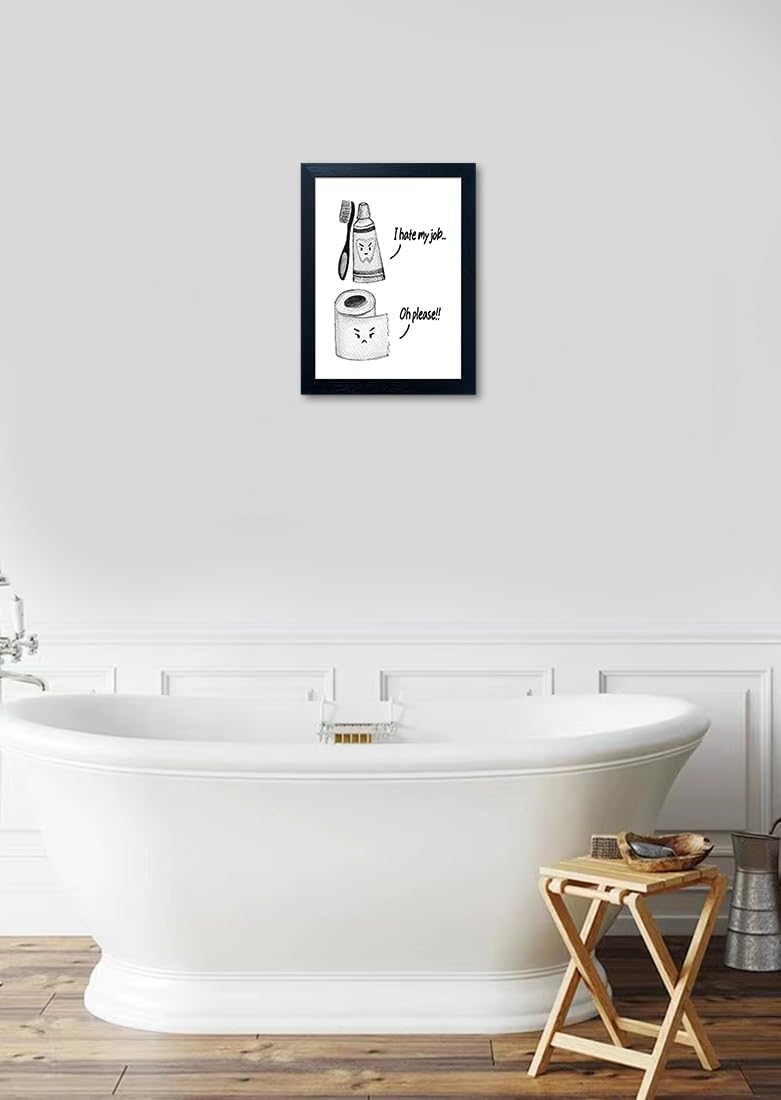 Regine Switzerland Kids Bathroom Wall Decor - Framed Black and White Print | Funny Toilet Paper & Toothbrush Art