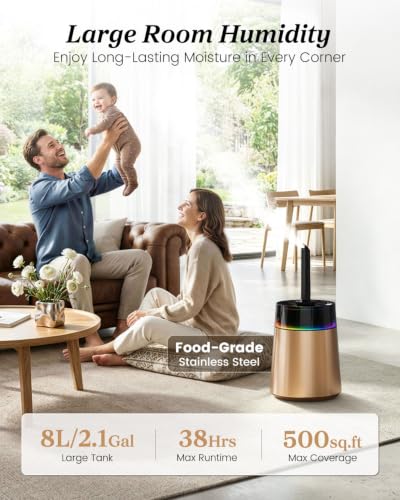 8L Stainless Steel Cool Mist Humidifier for Large Rooms - Rose Gold