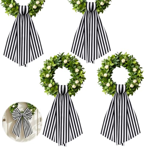 4-Pack Black and White Striped Wreath Sashes for Front Door Decor