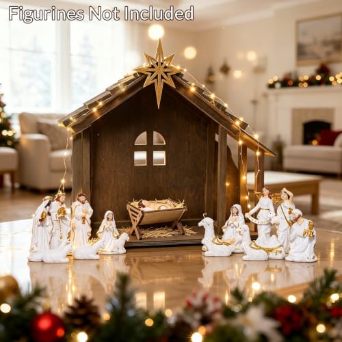 Wooden Nativity Scene Stable with Star & Lights - Christmas Decor 12"