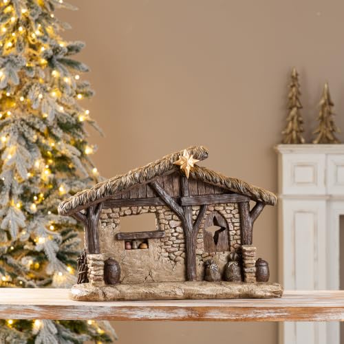 Lighted Nativity Scene Stable Creche - Hand-Painted Resin Christmas Figurines, 14.5" Height