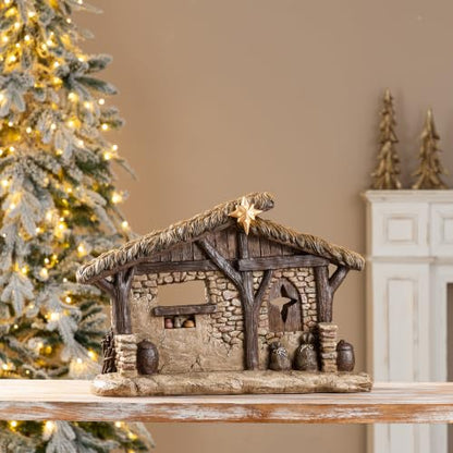 Lighted Nativity Scene Stable Creche - Hand-Painted Resin Christmas Figurines, 14.5" Height