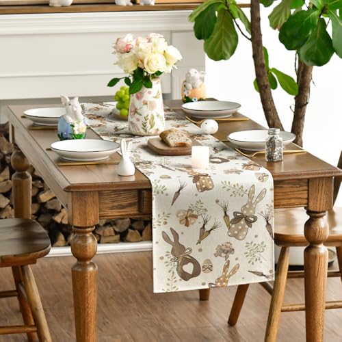 Spring Bunny Rabbit Easter Table Runner 13x72 Inch Beige Home Decor