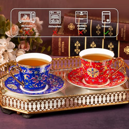 KAMMAK Ceramic Tea Cup and Saucer Set - 8 oz Vintage Floral, Gilded Rim, Set of 2 (Variation 629N+630N)