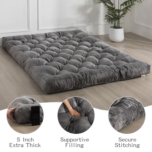 Japanese Floor Mattress Futon Queen Size Grey Foldable Roll Up Tatami Bed
