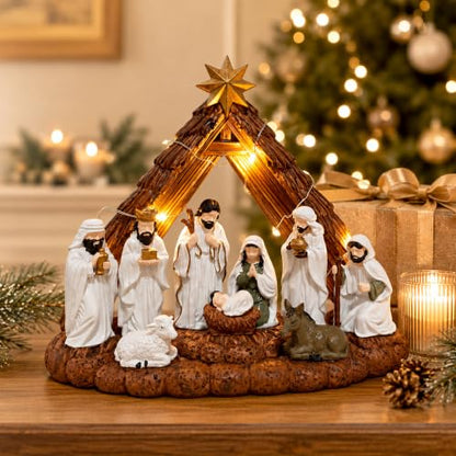 Lighted Nativity Set for Christmas - 10.2 Inch Resin Manger Scene with LED Lights