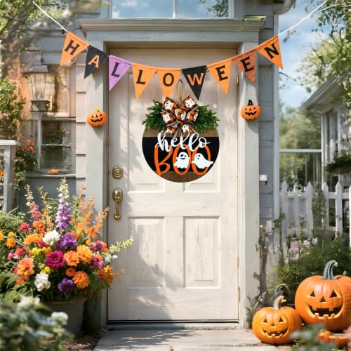 Halloween Ghost Wreath with Bow Decor - Front Door Halloween Decoration