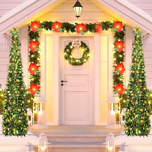 Collapsible 5ft Artificial Christmas Tree with LED String Lights - Red-Berry & Harry-Leaf Variation
