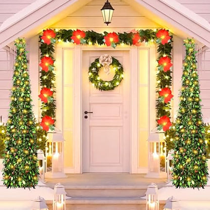 Collapsible 5ft Artificial Christmas Tree with LED String Lights - Red-Berry & Harry-Leaf Variation