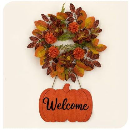 Fall Wreath with Pumpkin Welcome Sign for Front Door - Autumn Harvest Decor