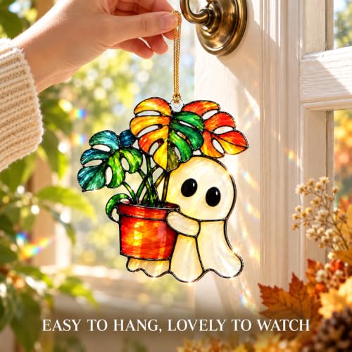 Halloween Ghost Plant Suncatcher Ornament - Monstera Variation