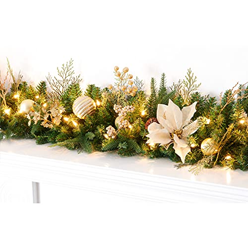 9Ft Artificial Christmas Garland Prelit with Gold Berries & Balls - Plug In, Gold / Holiday Decor