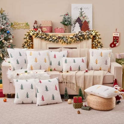 Christmas Throw Pillow Covers 18x18 Set of 2 - Red Green Faux Fur Decor