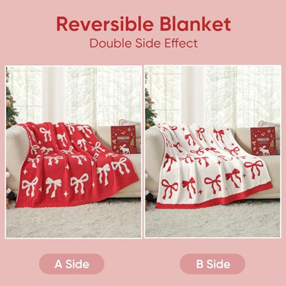 Christmas Throw Blanket 50x60 Inches Reversible Soft Cozy Decor with Red Bow
