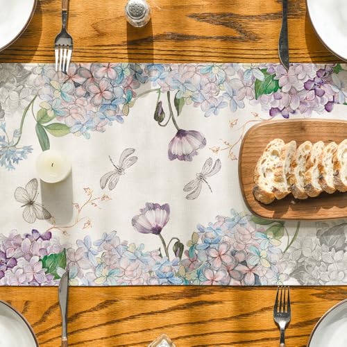 Seasonal Dragonfly Hydrangea Table Runner 13x72 Inch - Summer Home Decor